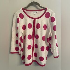 Christopher & Banks Vintage Magenta and Cream Polka Dot Cardigan Sweater. Size L